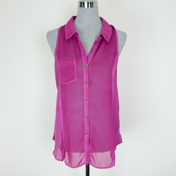 Free People Sheer Button Down Collared Sleeveless Shirt - Picture 1 of 8